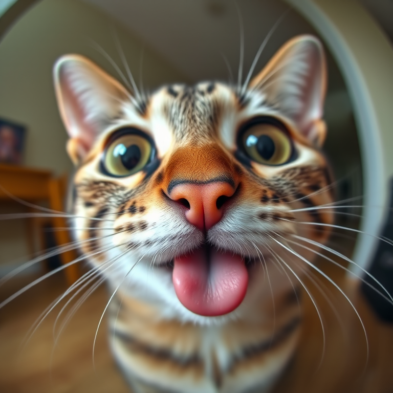 A close-up photograph of a cat's face with big eyes and a prominent pink nose sticking out its tongue, taken with a fisheye lens to emphasize the features and create a playful perspective. The background is slightly blurred to keep the focus on the cat's facial expression.