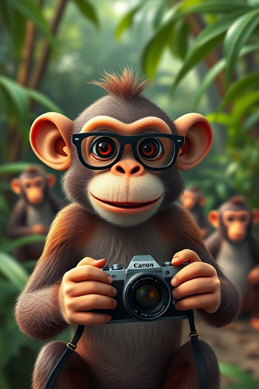Create an image of a cartoon monkey wearing glasses and holding a vintage camera, set in a lush jungle environment with other playful monkeys in the background, using a Canon EOS R5, 35mm lens, f/1.8 aperture, 1/200s shutter speed, and vibrant colors for enhanced detail and depth.