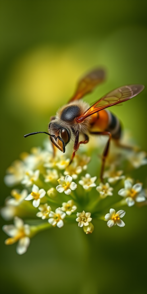 macro shot of a hornet on tiny white flowers with a blurred green background, aperture f/2.8, shutter speed 1/200s, ISO 100, 100mm lens, shallow depth of field, natural light, DSLR camera