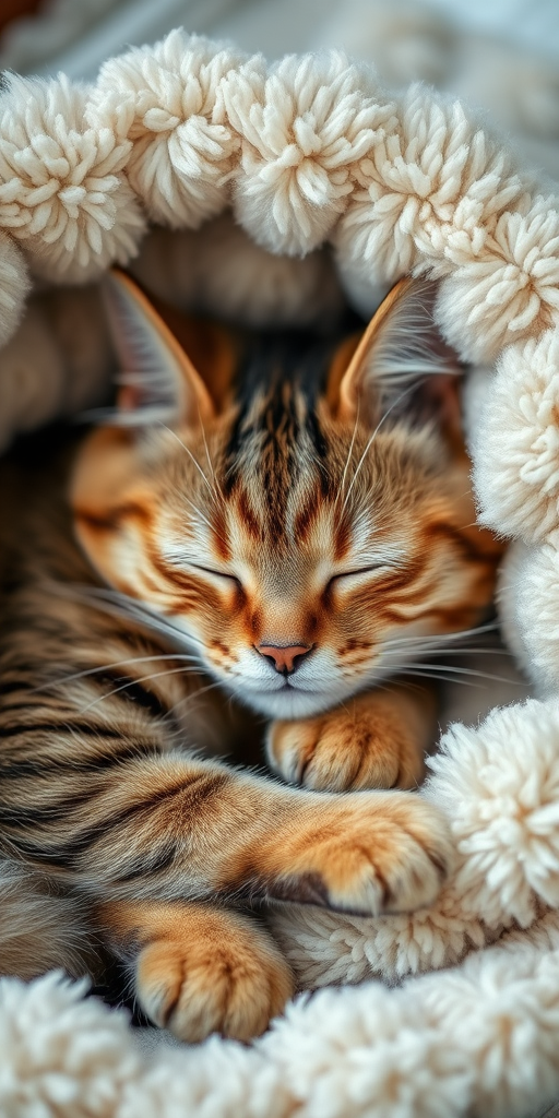 A cozy tabby cat sleeping peacefully in a fluffy circular blanket, soft focus, highly detailed, natural lighting, aperture f/2.8, shutter speed 1/125s, ISO 200, macro lens photography, DSLR camera.