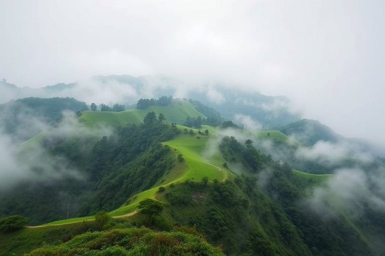 Generate a high-resolution landscape image of a foggy mountainous area with lush green hills, using a DSLR camera at ISO 100, aperture f/8, shutter speed 1/200s, wide-angle view with soft focus on the foreground and sharp details in the background.