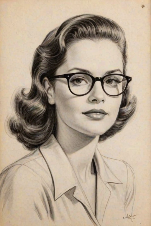 Delightful Brooke Adams, pencil sketch, portrait of Appealing woman 1938s in glasses, hair style beatnik, outline, clear lines, fine lines, 8k