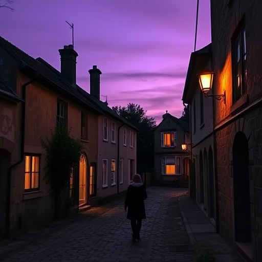 Quiet village at dusk, the sky a deep purple, a woman walks down a narrow cobblestone alleyway, the warm light from windows spilling onto the street as she passes by.