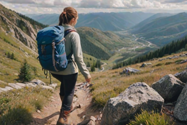 Blurry action shot of a woman hiking up a mountain trail, wearing a backpack and sturdy boots, with panoramic views of the valley below, and soft clouds drifting above.