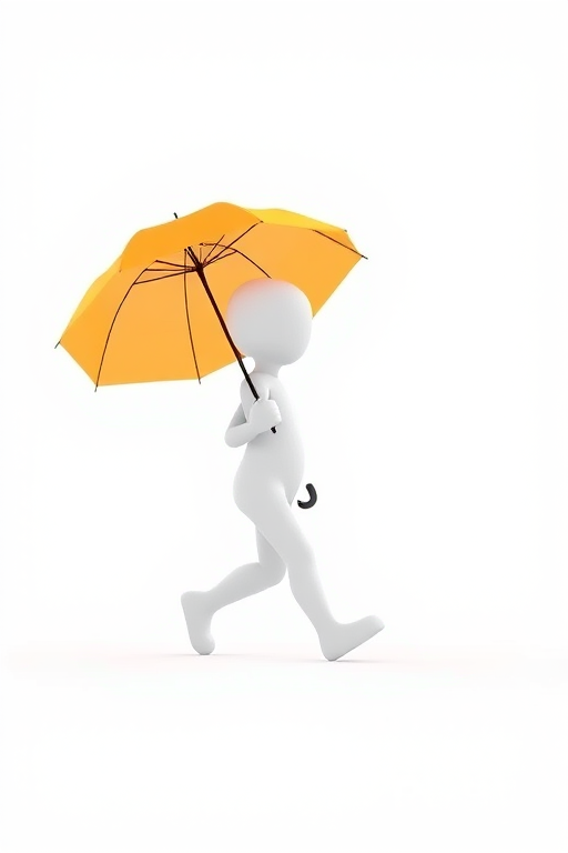Create a 3D rendering of a white stick figure walking while holding an orange umbrella against a plain white background, using a Canon EOS R5, 50mm lens, aperture f/2.8, ISO 100, natural lighting, and a slight low-angle view for enhanced depth.