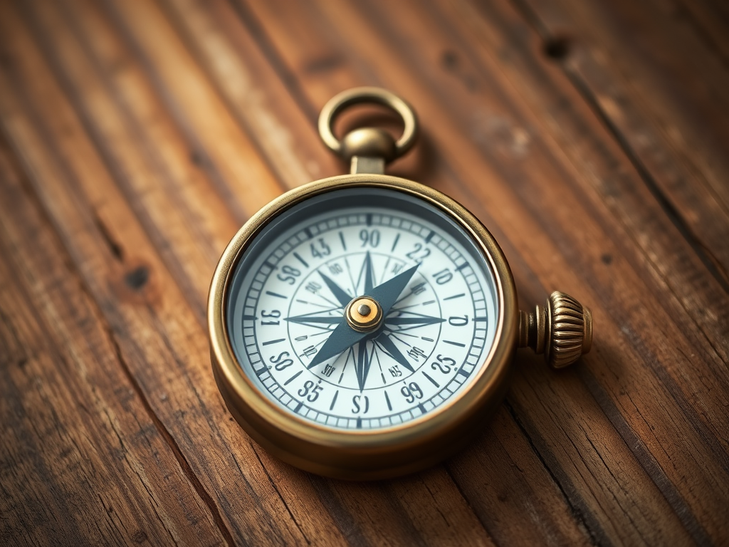 Create an image of a vintage compass on a wooden surface, using a DSLR camera with a 50mm lens, aperture set to f/2.8, ISO 100, and capture in natural light for enhanced detail and clarity.