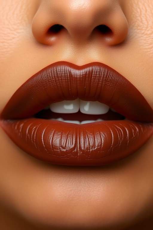 Rich chocolate brown lips with a creamy satin finish and warm undertones, known as "Cocoa Luxe Indulgence"
