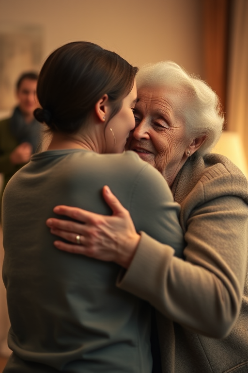 An emotional moment between a young woman and an elderly woman hugging, warm indoor lighting, soft focus, aperture f/2.8, ISO 200, 50mm lens, shallow depth of field, natural expression, intimate atmosphere, DSLR camera.