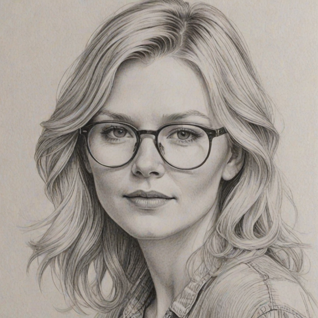 Charming Kirsten Dunst, pencil sketch, portrait of Enticing woman 1980s in glasses, hair style beatnik, outline, clear lines, fine lines, 8k