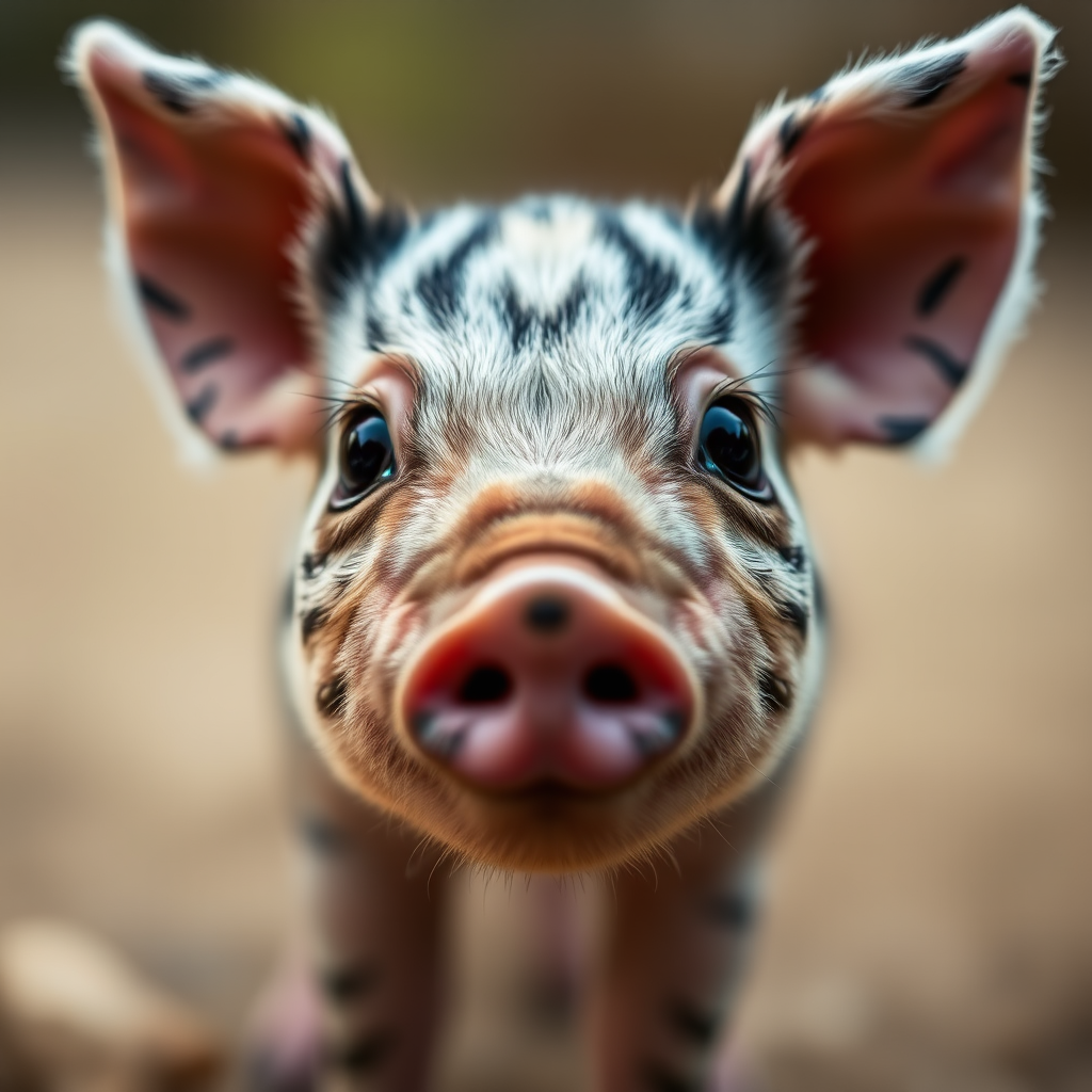 Close-up of a striped piglet with large expressive eyes, soft focus background, capturing details like fur texture and facial expression, camera settings: f/2.8, ISO 100, shutter speed 1/200s, shot with a 50mm lens, macro photography style, using a DSLR camera.