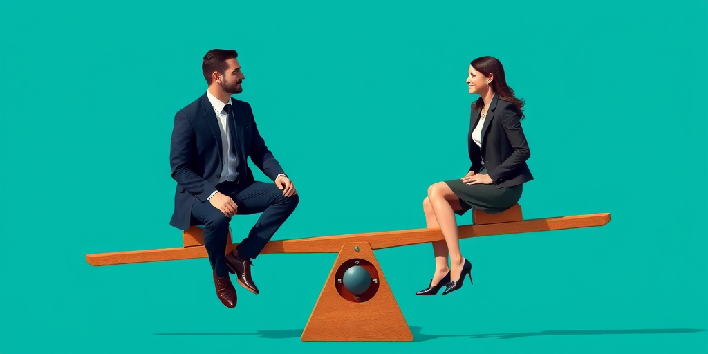 Illustrate a digital vector graphic of a seesaw with a man and a woman in business attire, vibrant background in teal, with high contrast and sharp lines, using a Canon EOS R5 with an aperture of f/8, ISO 100, and a wide-angle lens to capture the full scene.
