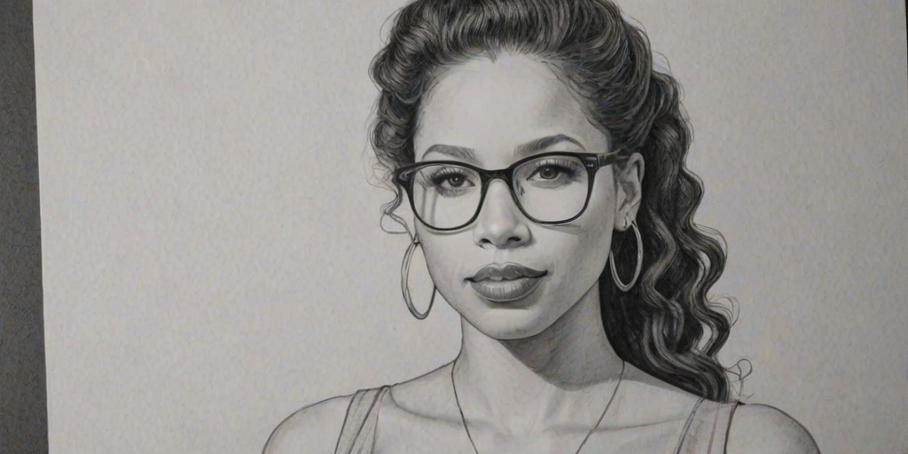 Lovely Jurnee Smollett-Bell, pencil sketch, portrait of Magnificent woman 1932s in glasses, hair style beatnik, outline, clear lines, fine lines, 8k