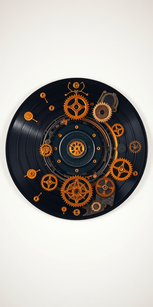 Create an intricate steampunk-inspired vinyl record featuring golden gears and mechanical designs, shot with a Canon EOS R5, 50mm lens, f/1.8 aperture, ISO 100, in a well-lit studio setting with soft diffused lighting for enhanced detail and depth.
