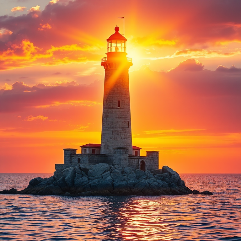 Generate an image of a tall lighthouse perched on a rocky outcrop surrounded by calm ocean waters during a breathtaking sunset. The lighthouse stands sturdy and weathered, its stone surface illuminated by the warm golden light of the setting sun. The sun's rays pass directly through the glass lantern room at the top of the lighthouse, casting a brilliant light across the scene. The sky is painted with vibrant shades of orange, pink, and purple, reflecting off the tranquil sea. The surrounding water shimmers with the same warm hues, creating a serene and majestic atmosphere.