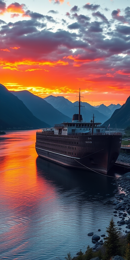Create a highly detailed and vibrant image of a large ark docked by a serene river with majestic mountains in the background during sunset, using a DSLR camera with a 24mm lens, aperture f/8, ISO 100, and a soft focus effect to enhance the scenery.