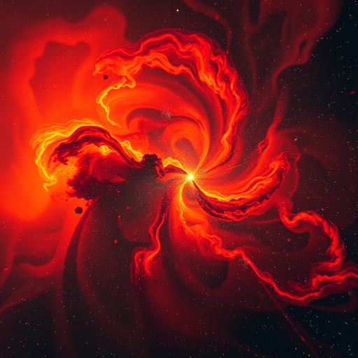 Generate an image of a vibrant cosmic explosion featuring swirling reds, oranges, and yellows with stars scattered throughout the scene, using a full-frame DSLR camera, 24mm lens, f/2.8 aperture, ISO 100, and a shutter speed of 1/400 sec to enhance clarity and depth.