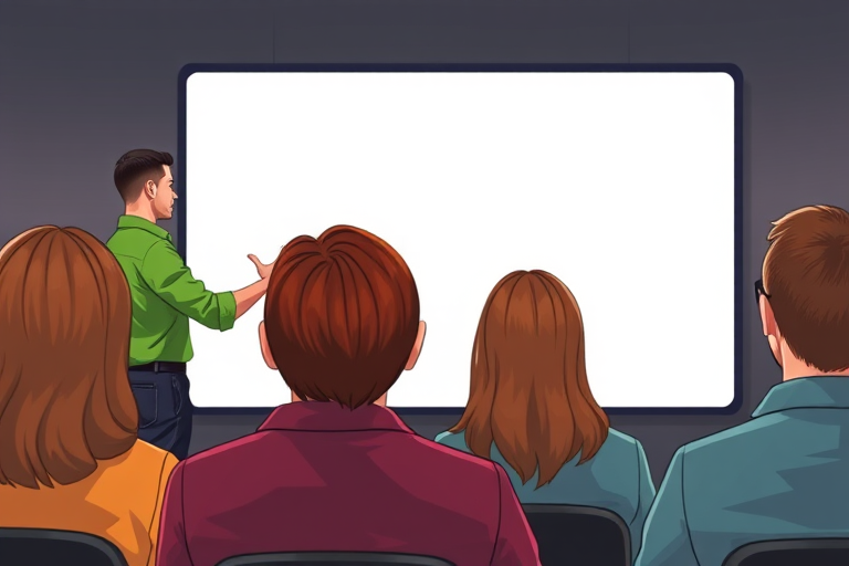 Create an illustration of a presenter in a green shirt gesturing towards a blank presentation slide with four audience members facing the presenter, using a high-resolution digital art style, 50mm lens, f/2.8 aperture, soft lighting with a depth of field effect, captured in a studio setting.