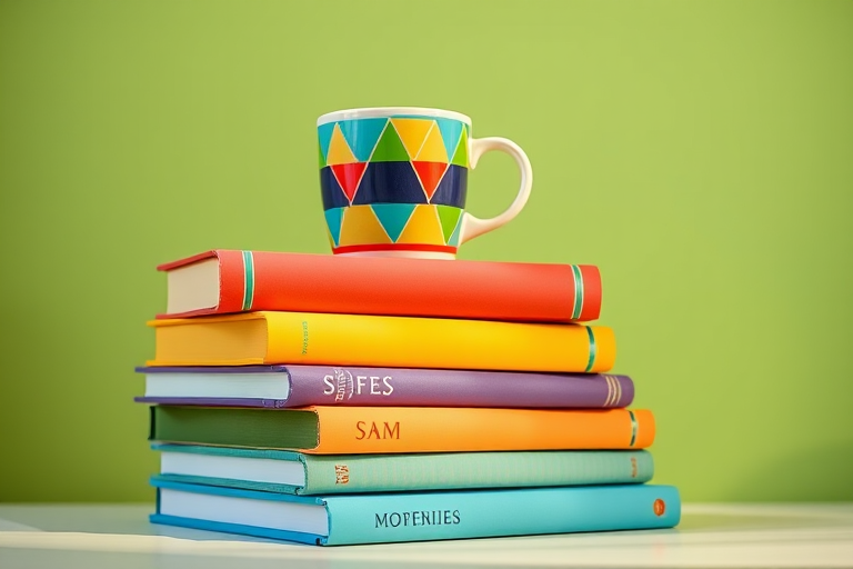 still life of a stack of colorful books with a patterned mug on top, soft green background, natural sunlight, f/2.8, 1/60s, ISO 100, 50mm lens, shot from a slightly elevated angle with a shallow depth of field, digital art style.