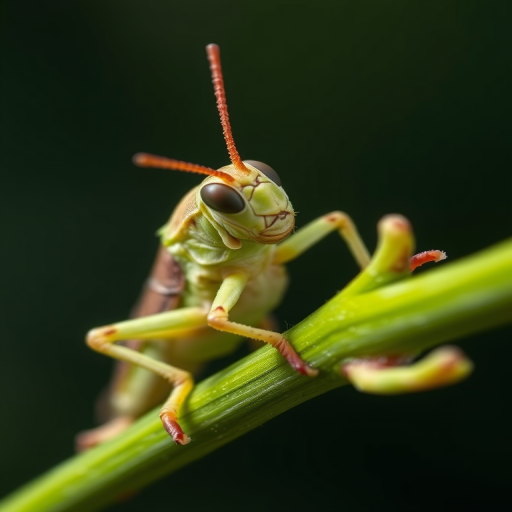 A detailed close-up of a grasshopper perched on a green branch, captured with a macro lens at f/2.8, ISO 100, 1/200 sec, natural lighting, using a DSLR camera with a shallow depth of field to emphasize texture and color details.