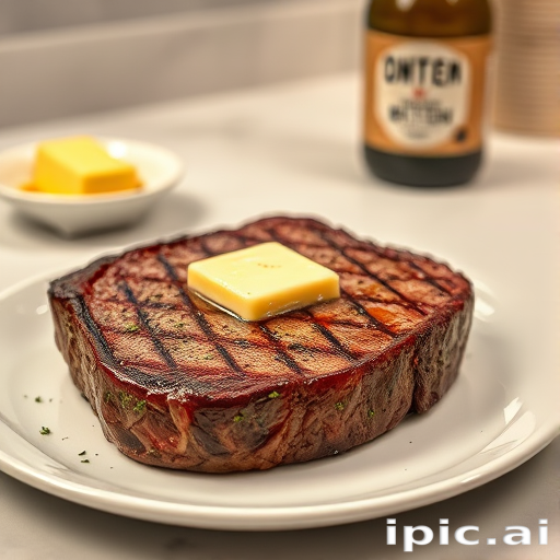 Create an image of a perfectly seared ribeye steak, resting on a white plate with a pat of melting butter on top. The steak is seasoned with fresh herbs like thyme and parsley, with glistening juices highlighting the texture of the meat. The background features a soft focus on a light, marble countertop, with a small dish of butter and an olive oil bottle in the distance. The overall mood should be warm and inviting, capturing the deliciousness and juiciness of the steak.