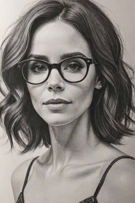 Stunning Abigail Spencer, pencil sketch, portrait of Alluring woman 1969s in glasses, hair style beatnik, outline, clear lines, fine lines, 8k