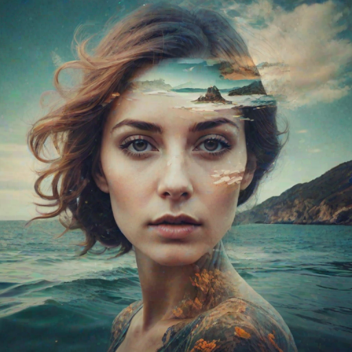 this photo is Book cover, A surreal double exposure portrait that blends a woman's face with a beautiful seascape. The overall mood is dreamy and mystical, with rich colors and intricate details