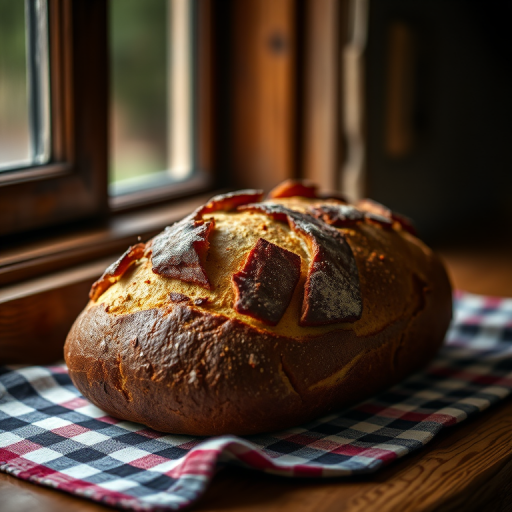 bread loaf on a checkered cloth near a window captured with a Canon EOS R, 50mm lens, f/1.8, ISO 100, natural lighting, shallow depth of field