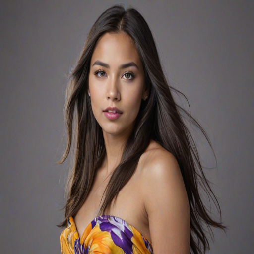 Photographic image of a beautiful young First Nations woman, blue eyes, lips with Yellow lipstick, long hair fluttering in the wind and wearing a silk strapless dress with a soft purple and orange print. monochrome image with only color highlights in the iris of the eyes, lipstick and dress. Gray background.