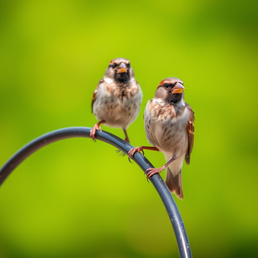 Two sparrows perched on a curved metal rod with a blurred green background, shot with a DSLR camera, 50mm lens, aperture f/2.8, shutter speed 1/250s, ISO 100, in natural light.