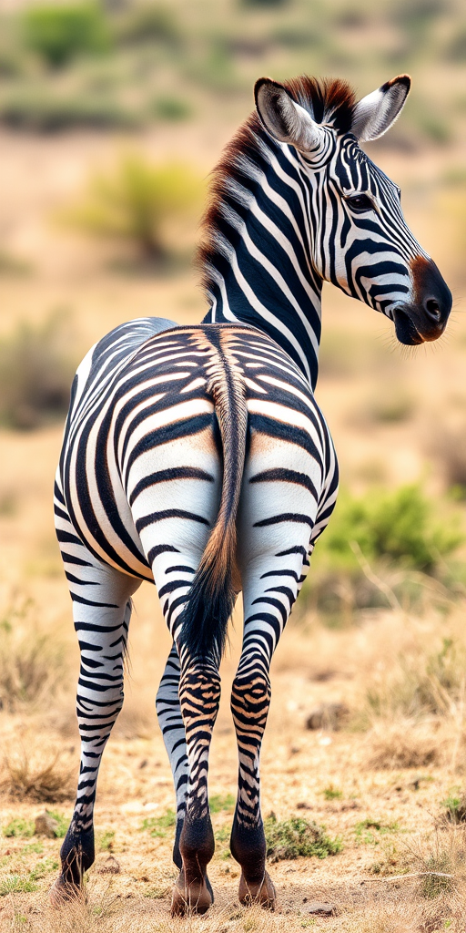 Generate an image of a zebra standing sideways in a natural setting, captured with a DSLR camera at ISO 100, aperture f/8, shutter speed 1/500s, using a 50mm lens for a clear depth of field and vibrant colors.