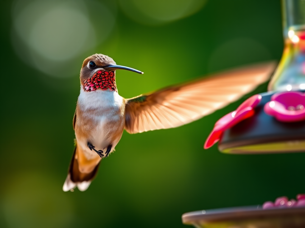 highly detailed close-up of a hummingbird hovering near a feeder, vibrant colors, soft bokeh background, ISO 400, f/5.6, 1/2000s, 100mm macro lens, natural sunlight, DSLR camera