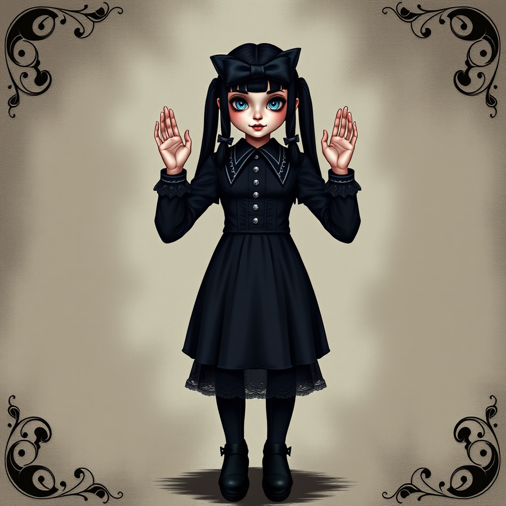 Digital art, full height portrait of Wednesday Addams, standing up with her hands in the air as if in a hold-up. Her dark, gothic attire replaces Alice’s classic blue dress, and she wears black shoes instead of blue. A small, neat black bow adorns her hair, capturing her signature style. The overall composition maintains a whimsical yet eerie tone, similar to Alice in Wonderland, while showcasing Wednesday’s iconic gothic charm.