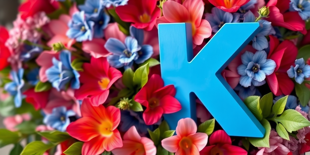 A vibrant floral arrangement entwined with a large blue letter K, featuring red, pink, and blue flowers with green leaves, captured in high resolution with a DSLR camera at a shallow depth of field, using a soft focus for a dreamy effect, in natural light for enhanced color vibrancy.