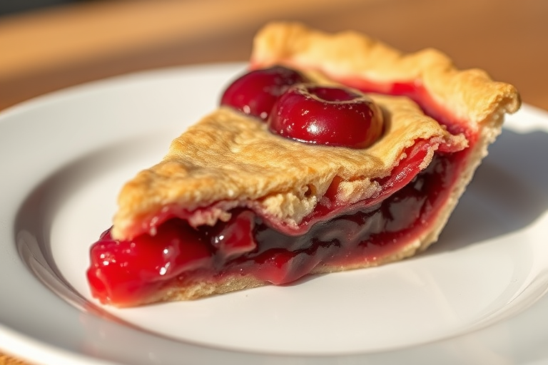 Close-up shot of a slice of cherry pie on a white plate, natural light, f/2.8 aperture, 50mm lens, ISO 200, shallow depth of field, vibrant colors, warm highlights.