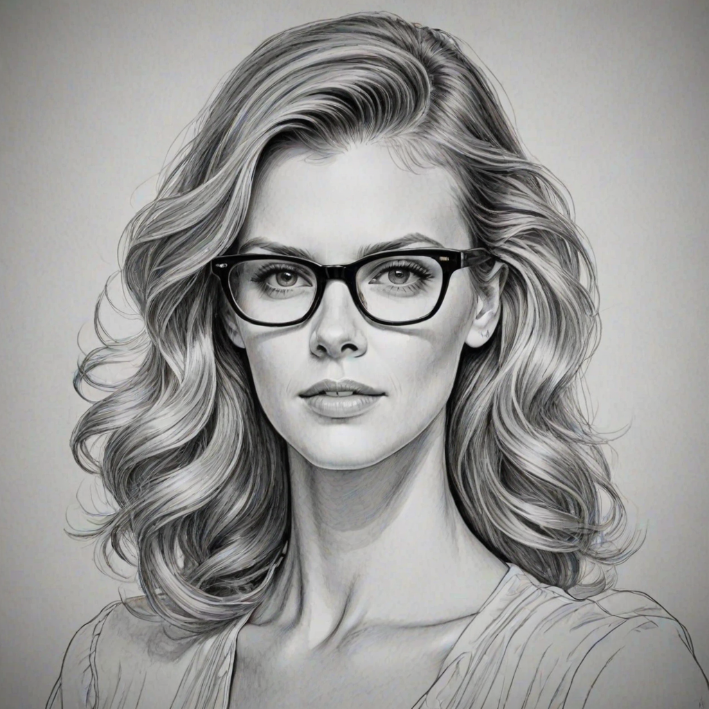 Dazzling Brooklyn Decker, pencil sketch, portrait of Bewitching woman 1943s in glasses, hair style beatnik, outline, clear lines, fine lines, 8k
