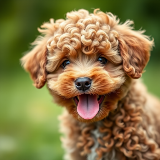 A close-up portrait of a fluffy brown puppy with curly fur, smiling with its tongue out, set against a soft blurred green background, taken with a Canon EOS R5, 50mm lens, f/1.8 aperture, ISO 100, natural light, shallow depth of field.