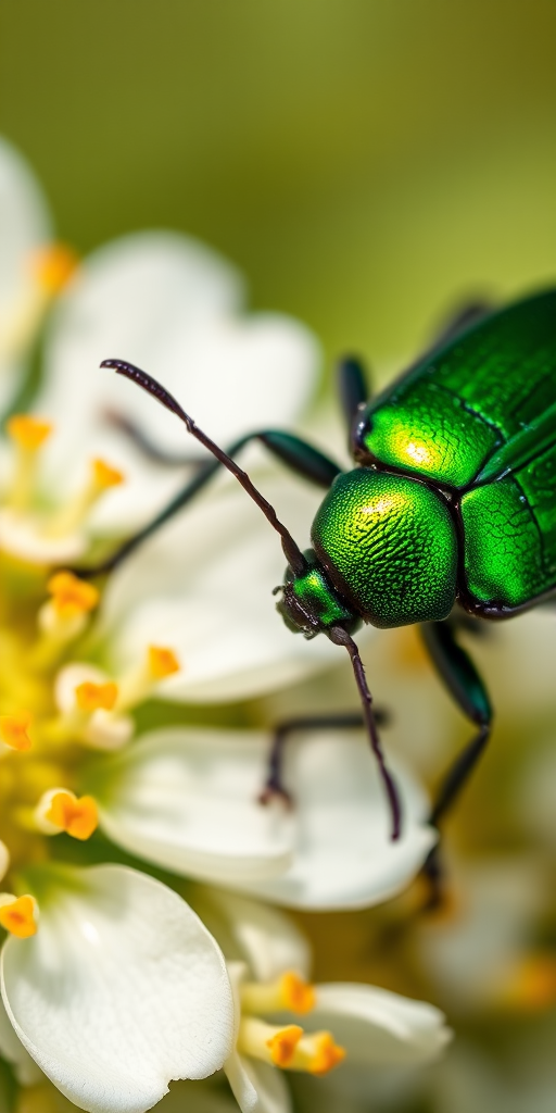 Close-up of a vibrant green beetle on white flowers, shallow depth of field, natural lighting, macro lens, f/2.8, ISO 100, 1/200s, DSLR camera.