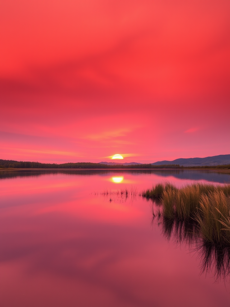 Generate a high-resolution image of a serene landscape featuring a vibrant sunset over a calm lake with reflections, using a DSLR camera at f/8 aperture, ISO 100, shutter speed 1/200s, 24mm focal length, wide-angle view, and natural lighting.