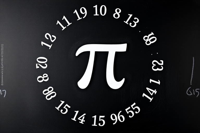 Create an image of the symbol for pi, surrounded by the digits of pi arranged in a circular pattern on a chalkboard background, captured with a DSLR camera at f/2.8, ISO 100, 24mm lens, in a top-down view, using a shallow depth of field for enhanced clarity and focus on the symbol.