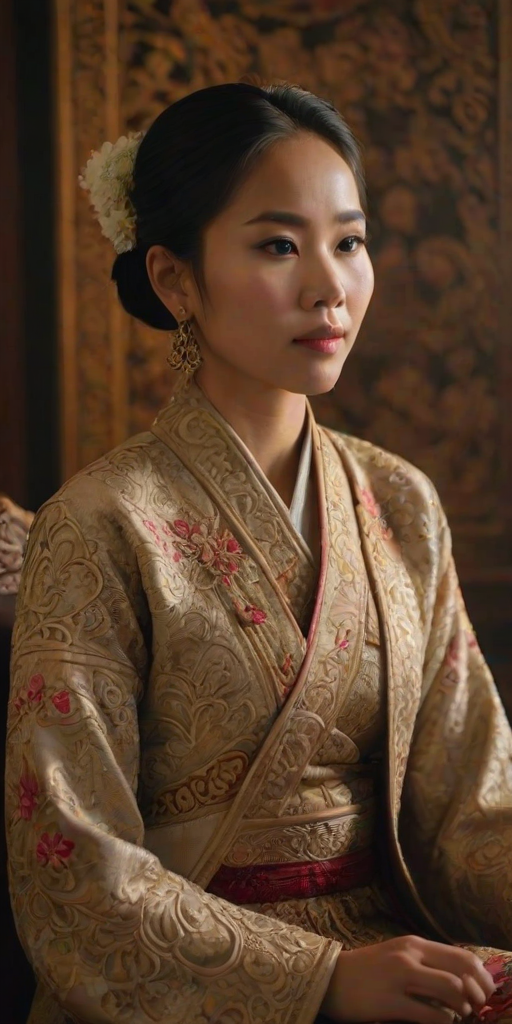 A beautiful Lao woman in traditional East Asian attire, intricately detailed with embroidered patterns, sitting gracefully in a richly decorated room, soft ambient lighting, serene and elegant, ultra-realistic, 8K resolution