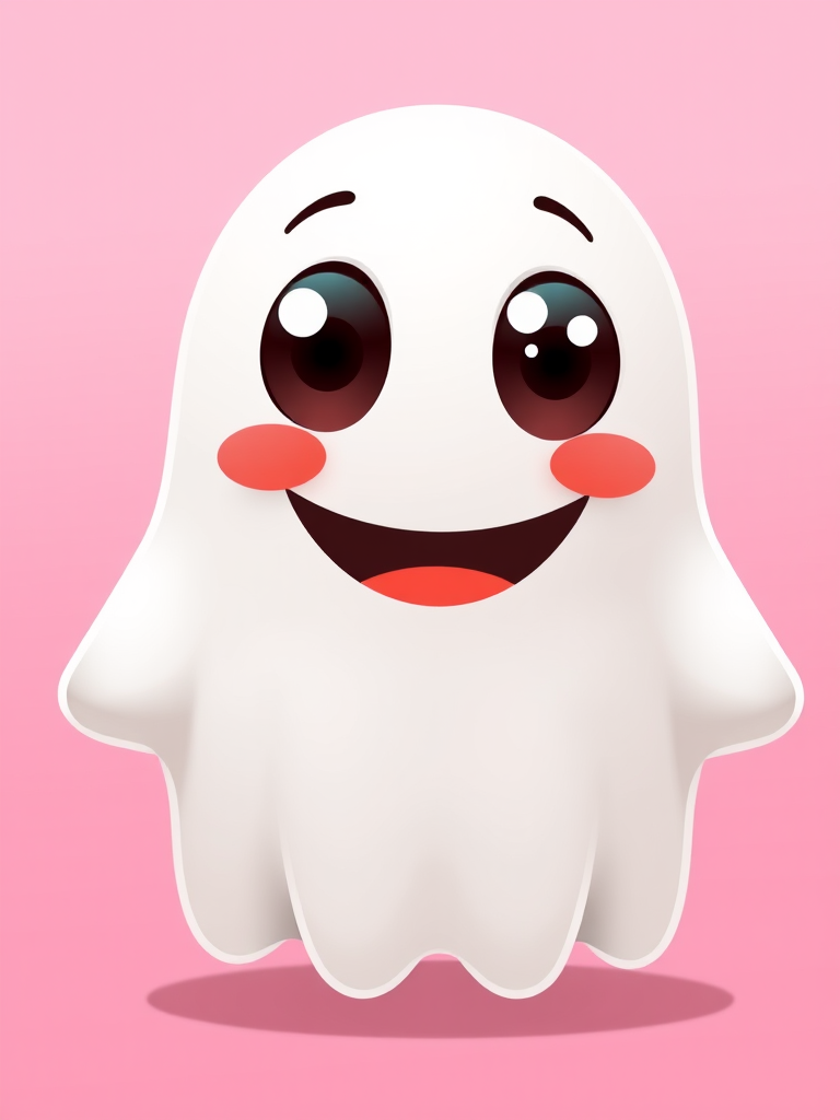Create a cute cartoon ghost character with large happy eyes and a smiling mouth, set against a pastel pink background, using a high-resolution digital illustration style, captured with a DSLR camera at f/2.8, 50mm lens, natural lighting, and a soft focus effect to enhance depth.