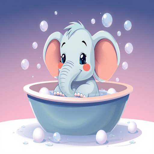 Illustration of a cartoon elephant taking a bath in a large tub surrounded by bubbles, vibrant colors, soft lighting, 50mm lens, f/2.8 aperture, ISO 100, high-resolution digital art.