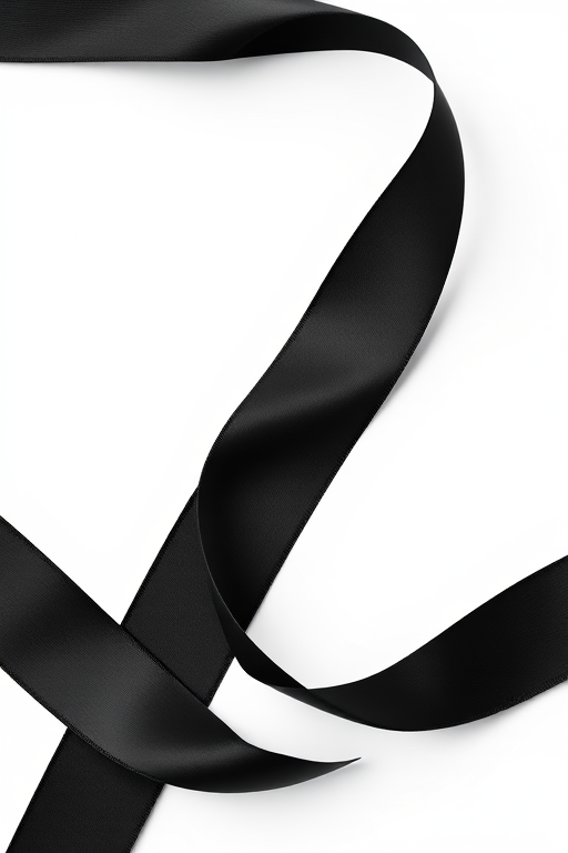 Create a high-resolution image of a black ribbon on a plain white background, using a DSLR camera with a 50mm lens set to f/2.8, ISO 100, and a shutter speed of 1/200 sec, captured from a straight-on view to emphasize its shape and depth, ensuring soft lighting for smooth shadows and highlights.