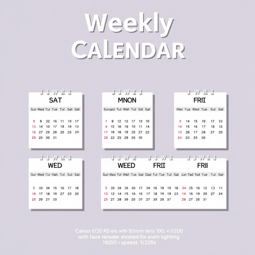 Create a digital illustration of a weekly calendar with seven pages, each labeled with the days of the week: SAT, SUN, MON, TUE, WED, THU, and FRI, with a clean and modern design, using a Canon EOS R5 with a 50mm lens at f/2.8, ISO 100, and a shutter speed of 1/125s, ensuring a bright and vibrant color scheme with even lighting and minimal shadows.