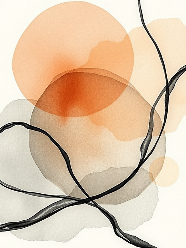 Abstract composition featuring soft watercolor circles in earthy tones with fluid black lines, shot with a Canon EOS R5 at f/8, ISO 100, 50mm lens, using a soft focus technique for a smooth, artistic finish.