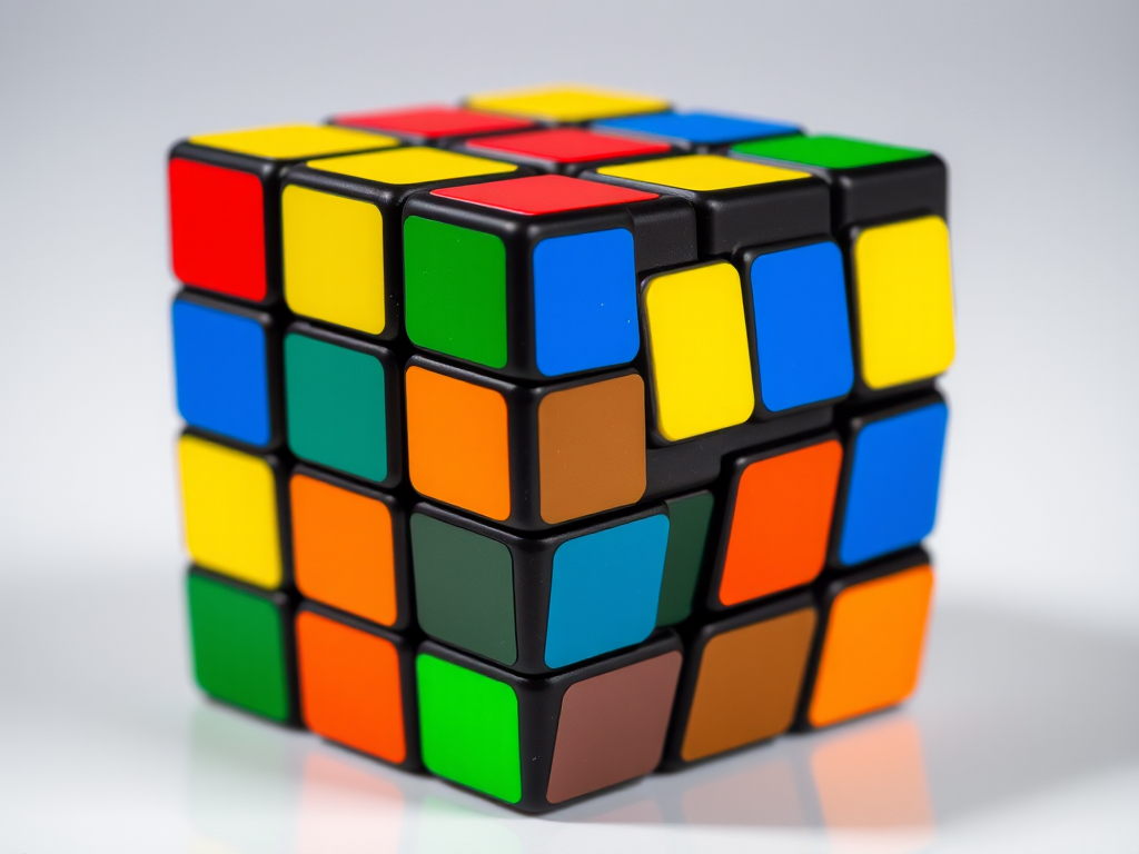 Generate a high-resolution image of a Rubik's Cube with vibrant colors, using a DSLR camera with a 50mm lens set to f/2.8, ISO 100, and a 1/200 sec shutter speed, taking the shot from a 45-degree angle to emphasize its three-dimensionality and depth.