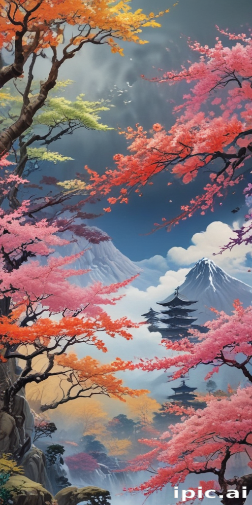 Serene Autumn Landscape with Vibrant Trees and Majestic Mountains in ...