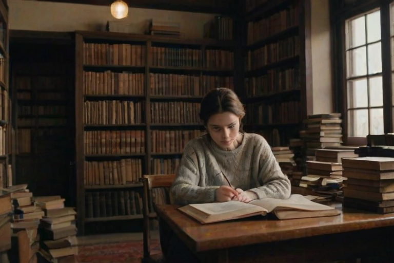 Quiet library filled with old books and high ceilings, a woman in a cozy sweater sits at a wooden desk, surrounded by stacks of dusty volumes.
