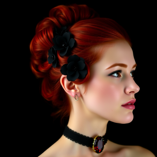 A young woman with bright red hair styled in a voluminous updo adorned with black floral accents, wearing a black choker with a large red gemstone pendant, looks off to the side with a slightly pensive expression, her face softly lit against a dark background.  The image is composed as a portrait, shot from a close-up perspective, with the subject filling most of the frame.  The woman's skin appears fair and flawless, with a subtle glow.  The overall atmosphere is elegant and slightly dramatic.