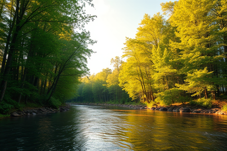 Create an image of a serene, sunlit forest scene with a clear, gently flowing river. Tall trees with lush green foliage line both sides of the river, their leaves bathed in the warm golden light of the setting or rising sun. The sunlight filters through the trees, casting soft, dappled light on the river, which flows over smooth rocks and pebbles, creating a peaceful, natural atmosphere. The sky is bright with a few scattered clouds, and the overall mood is tranquil, evoking a deep sense of connection with nature. The image captures the beauty of a calm, pristine forest landscape at either dawn or dusk.